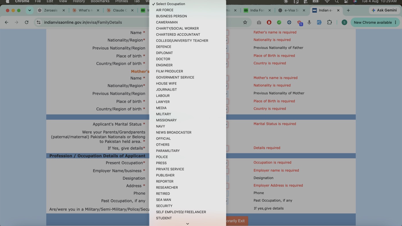 The open Present Occupation dropdown on the India e-Visa form, showing the alphabetical list of options