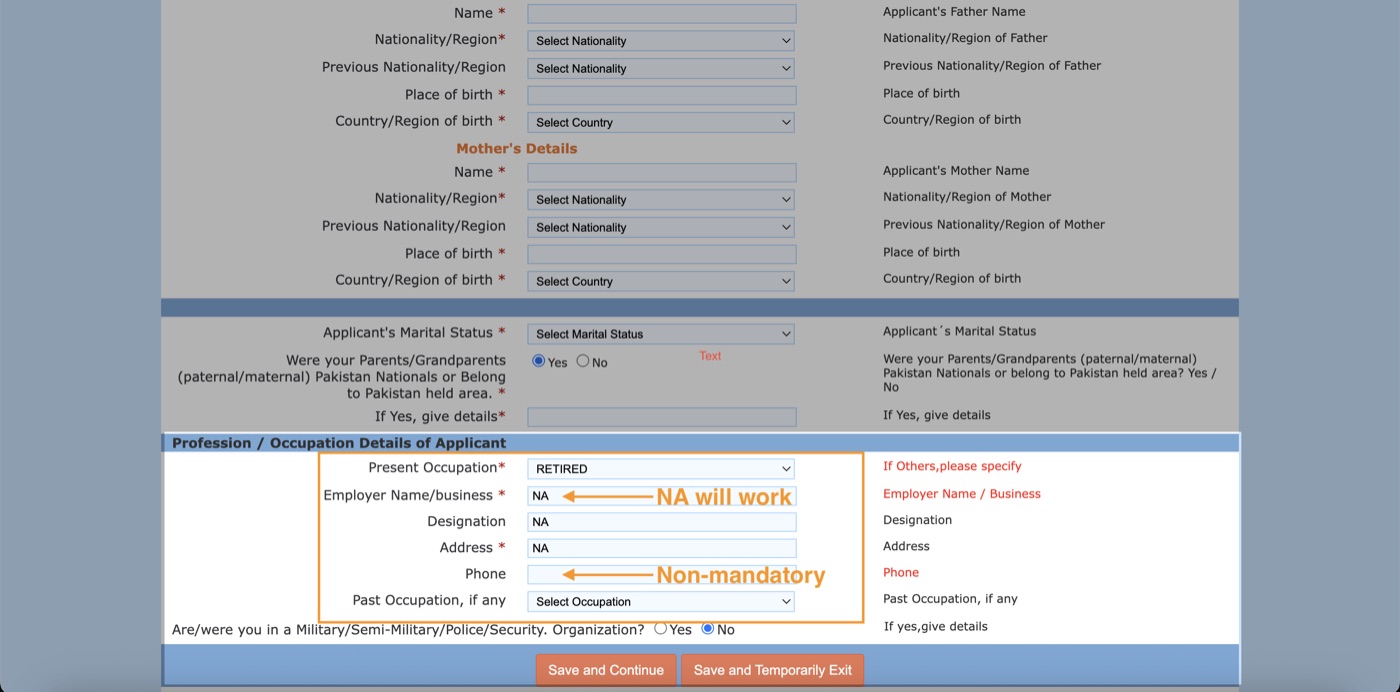 RETIRED selected with NA entered in Employer Name, Designation, and Address, and the errors cleared