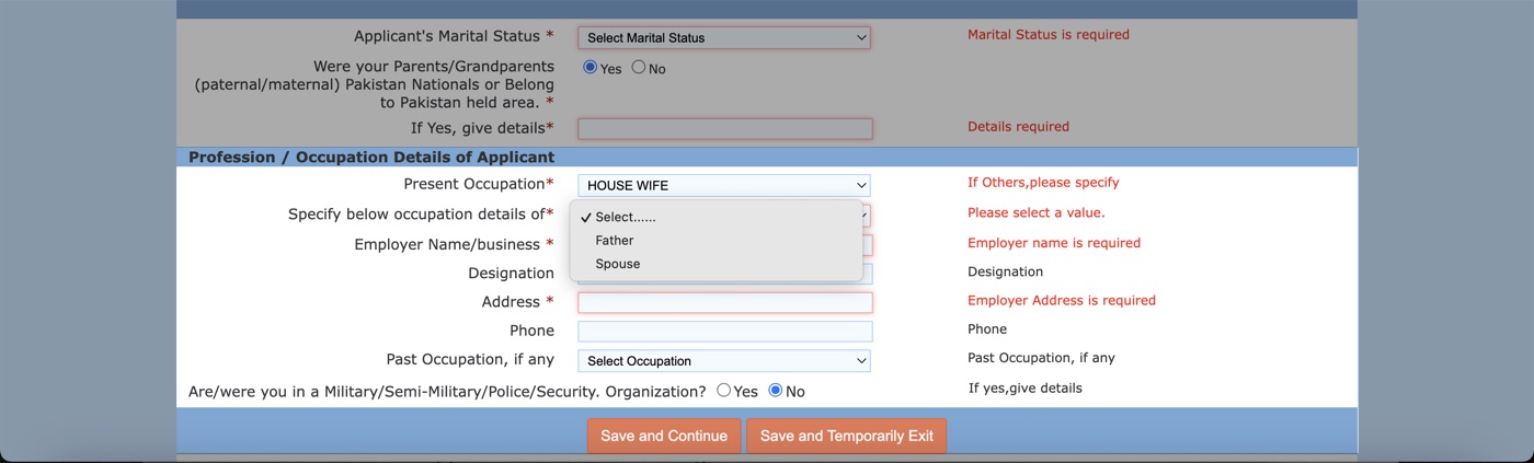 HOUSE WIFE selected, with the 'Specify below occupation details of' dropdown open showing Father and Spouse options