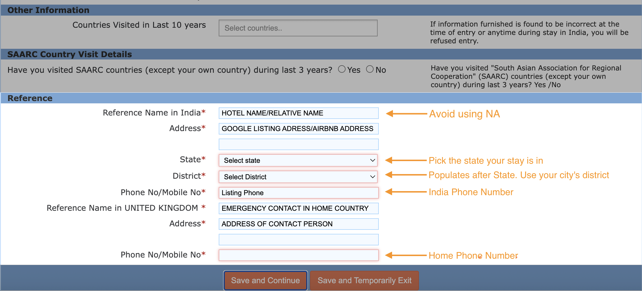 The Reference section of the India e-Visa Other Information page, showing the Reference Name in India, Address, State and District dropdowns, and phone field, with annotations