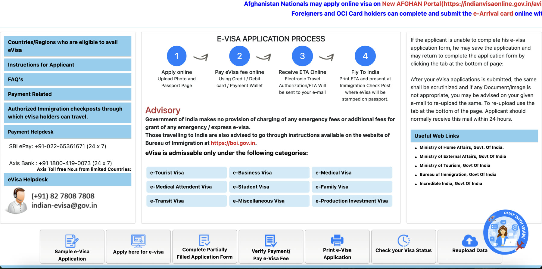 e-Visa application process overview page with the seven application buttons and visa category list