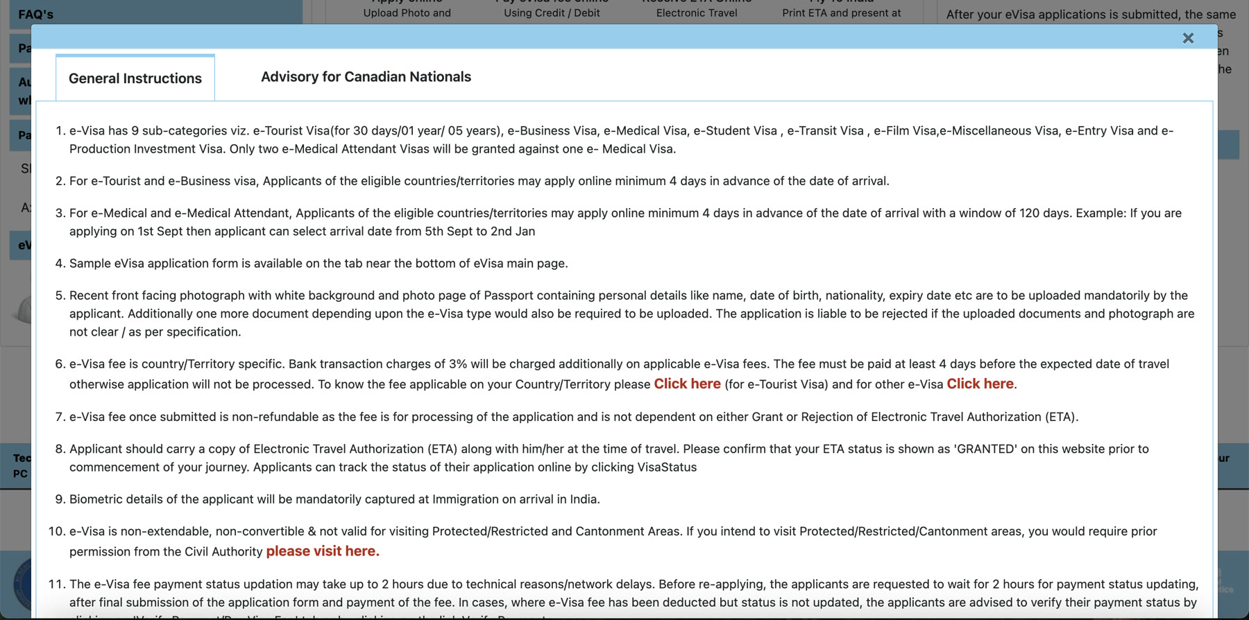 General Instructions modal listing the official e-Visa application rules