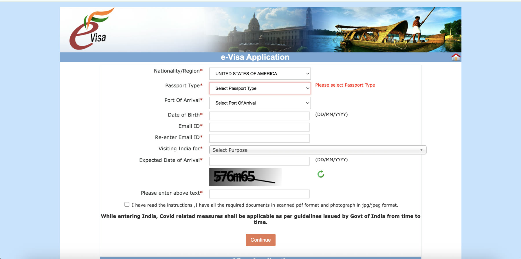 Blank e-Visa application form showing Nationality, Passport Type, Port of Arrival, and other required fields