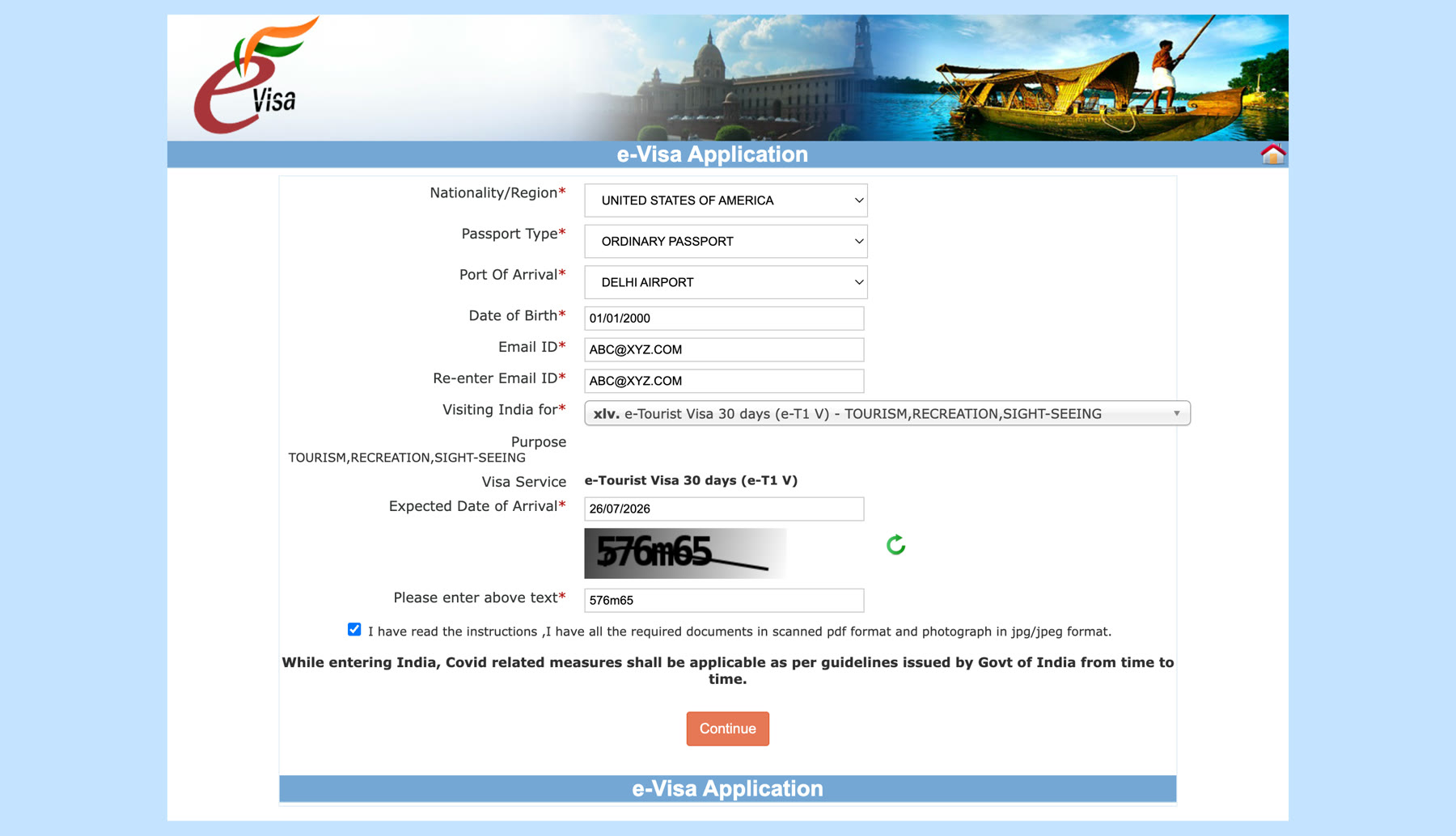 Completed e-Visa application form with sample nationality, passport type, and travel dates filled in