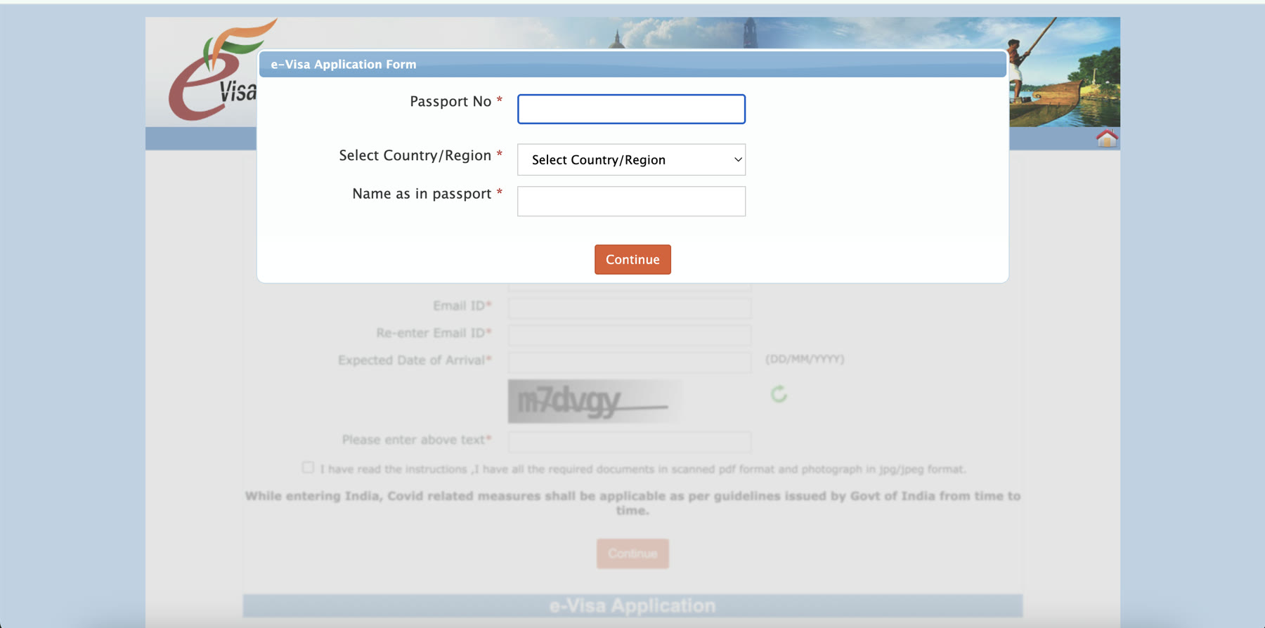 Preliminary screen asking for Passport Number, Country/Region, and Name as in passport