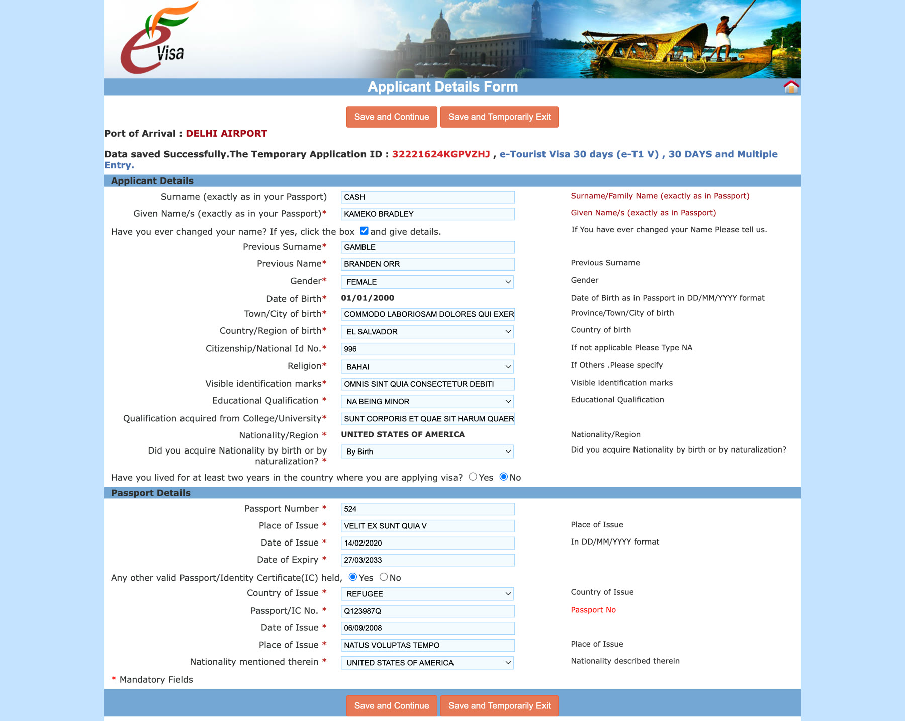 Applicant Details Form showing personal, nationality, and passport detail fields