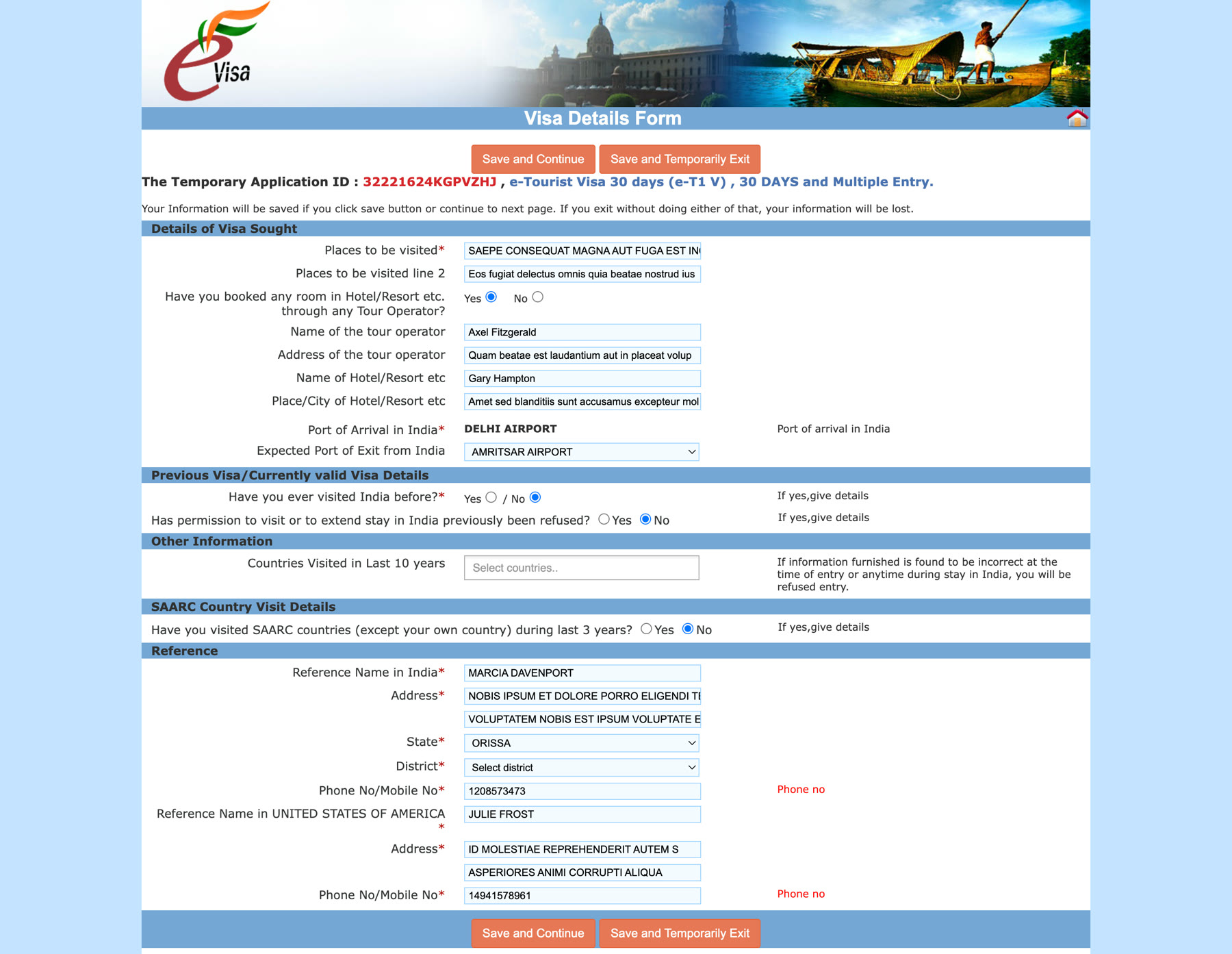 Visa Details Form showing places to be visited, port of arrival and exit, and reference contact fields
