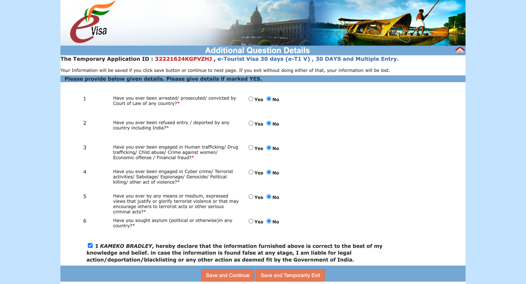 Additional Question Details screen with six yes/no declaration questions