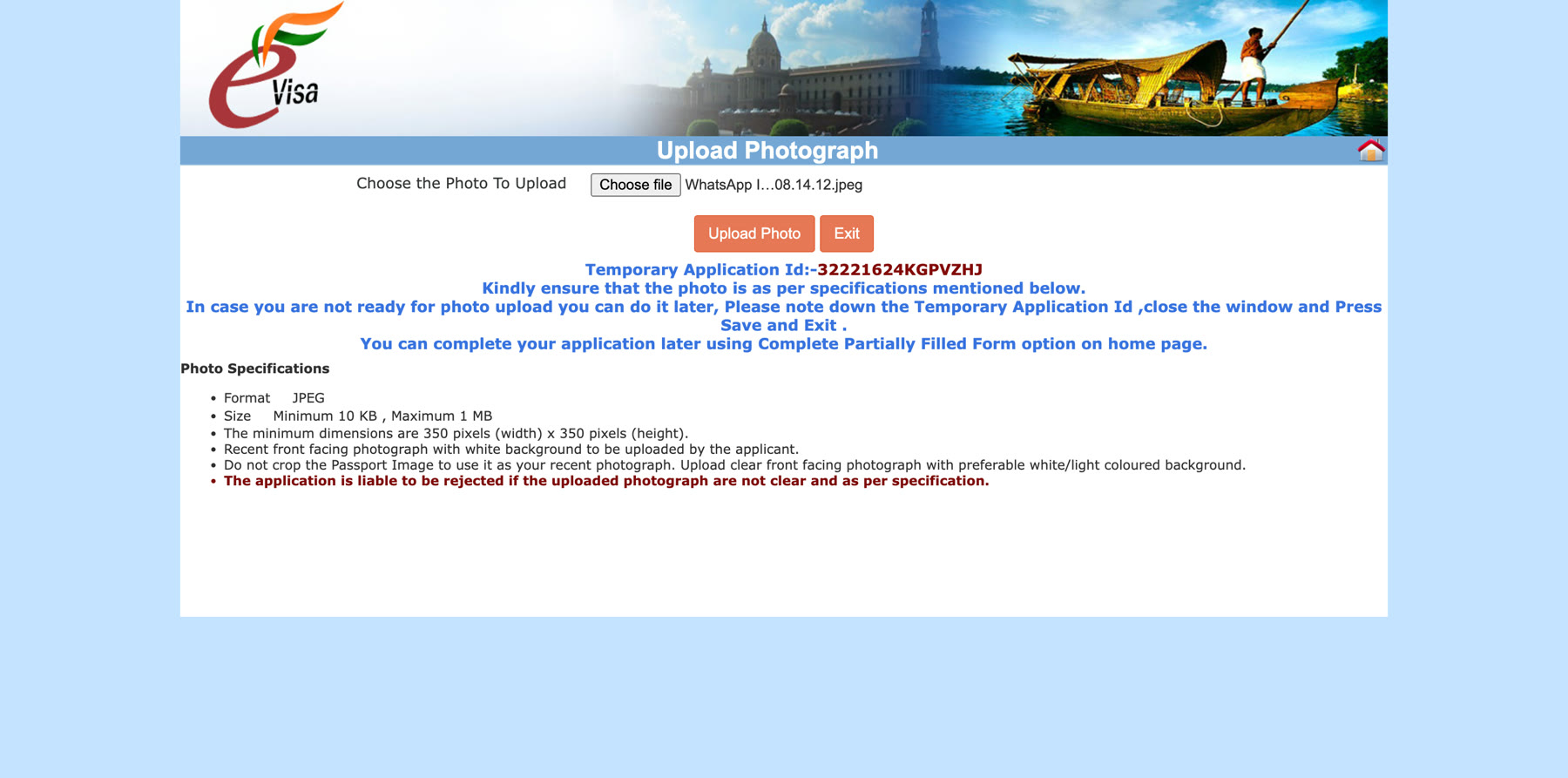 Upload Photograph screen with a file selected and the photo specification requirements listed