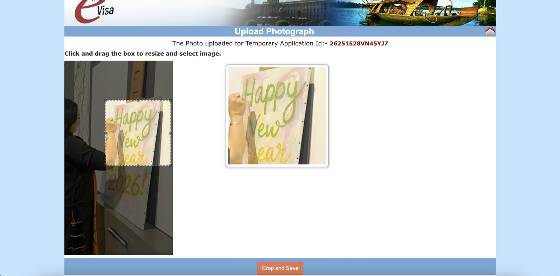 Photo crop tool showing the resizable selection box over an uploaded photo
