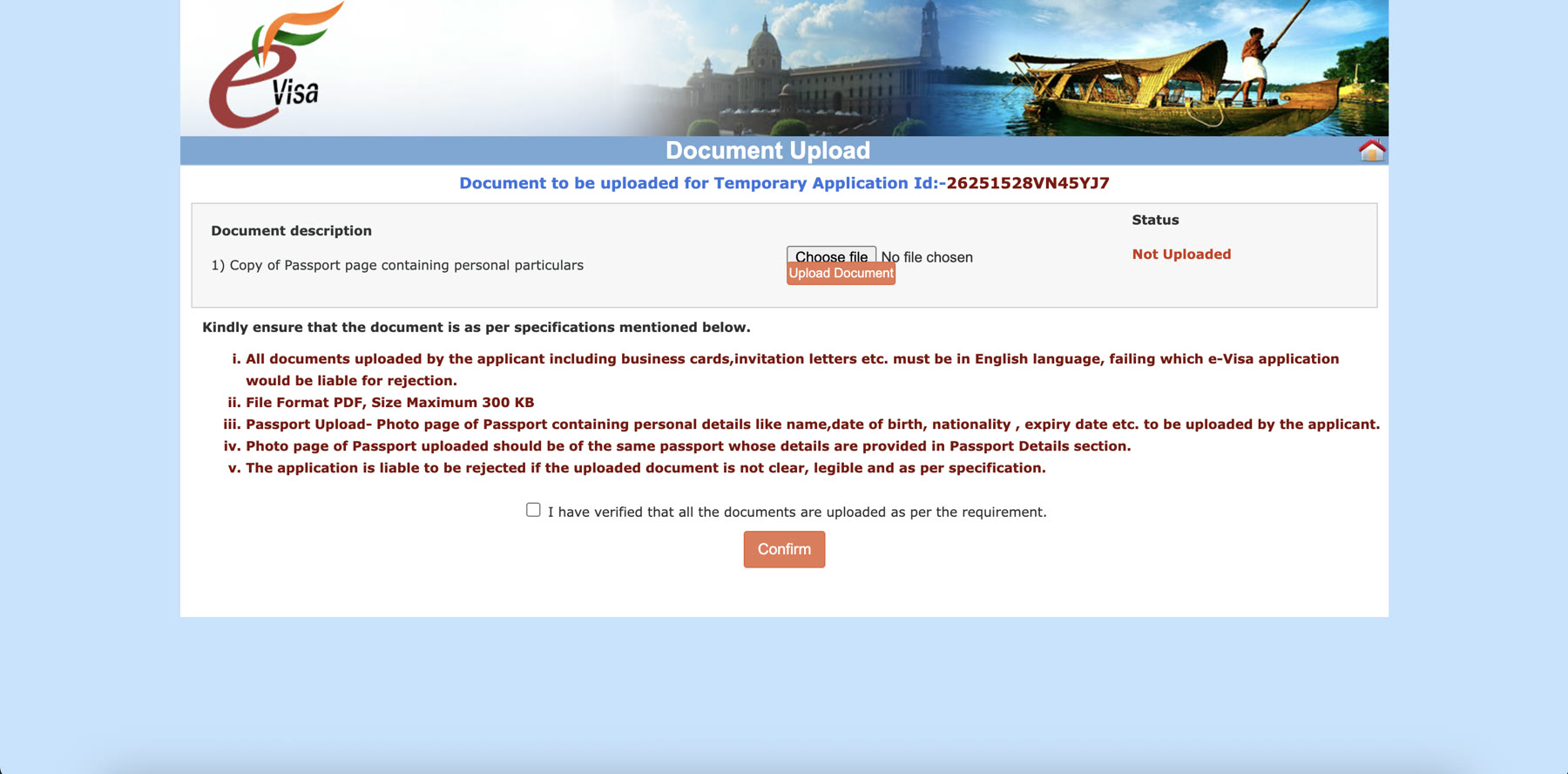 Document Upload screen showing the passport photo page successfully uploaded