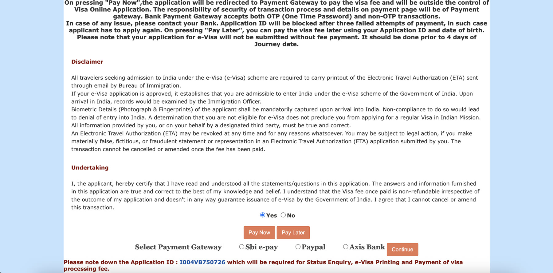 Online Visa Fee Payment screen showing the applicant's name, Application ID, and payment disclaimer