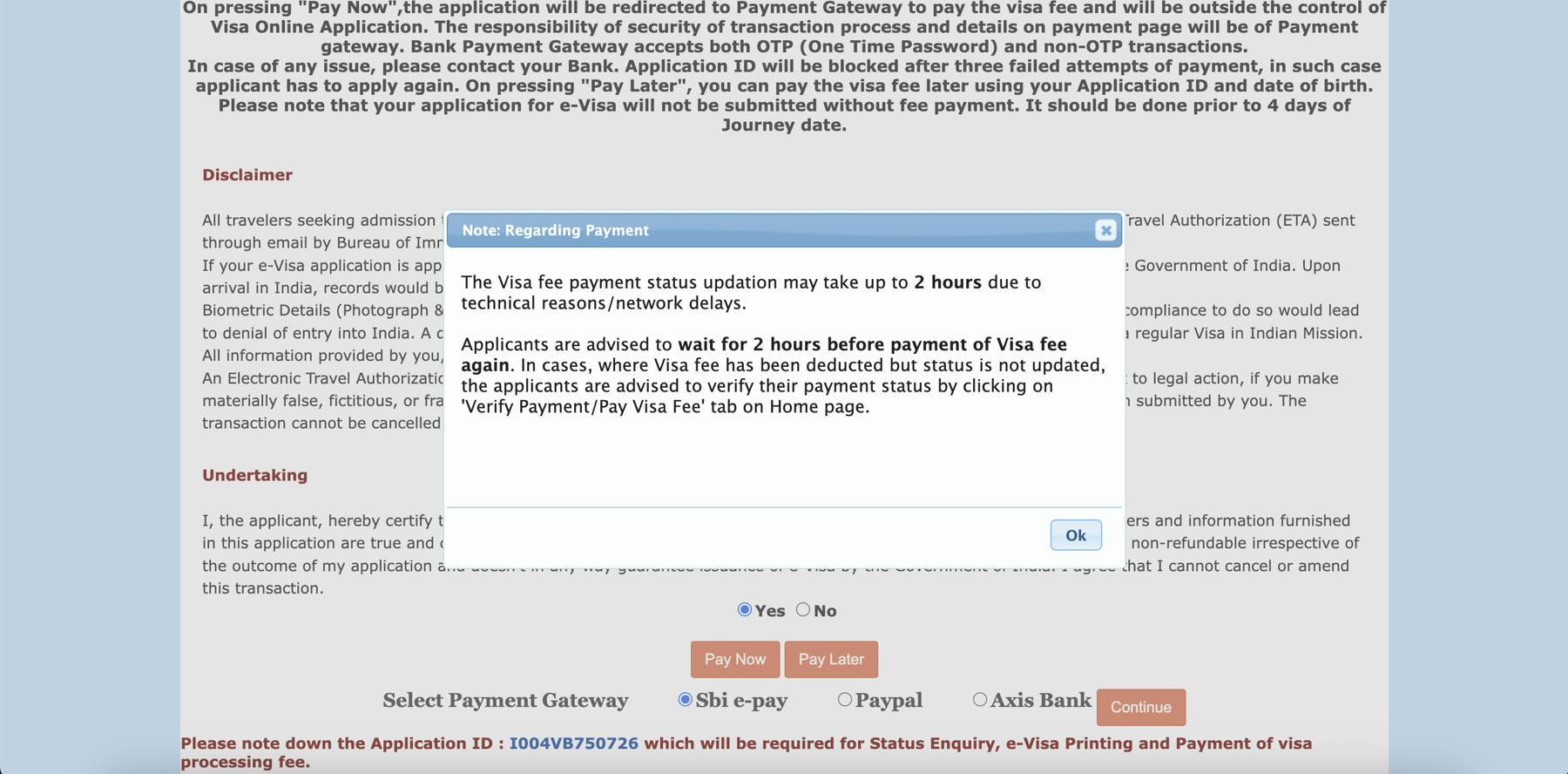 Payment popup warning that visa fee payment status may take up to two hours to update