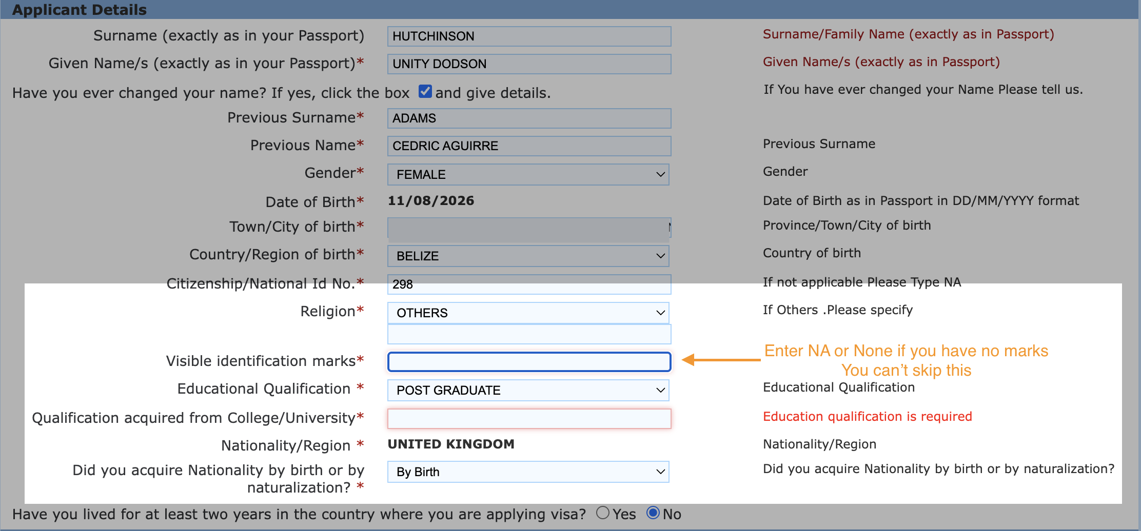 The Applicant Details page of the India e-Visa form, with the Visible identification marks field highlighted and annotated: Enter NA or None if you have no marks, you can't skip this